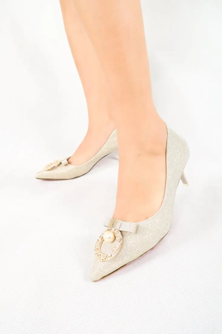 รองเท้าหัวแหลม หนังกากเพชร ประดับมุข - Elegant Glitter Mid Heels Pump Shoes