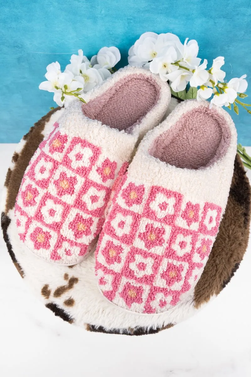 20% OFF! Checked Out Pink Flower Plush Slippers
