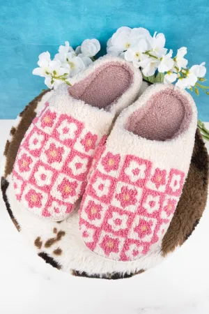 20% OFF! Checked Out Pink Flower Plush Slippers