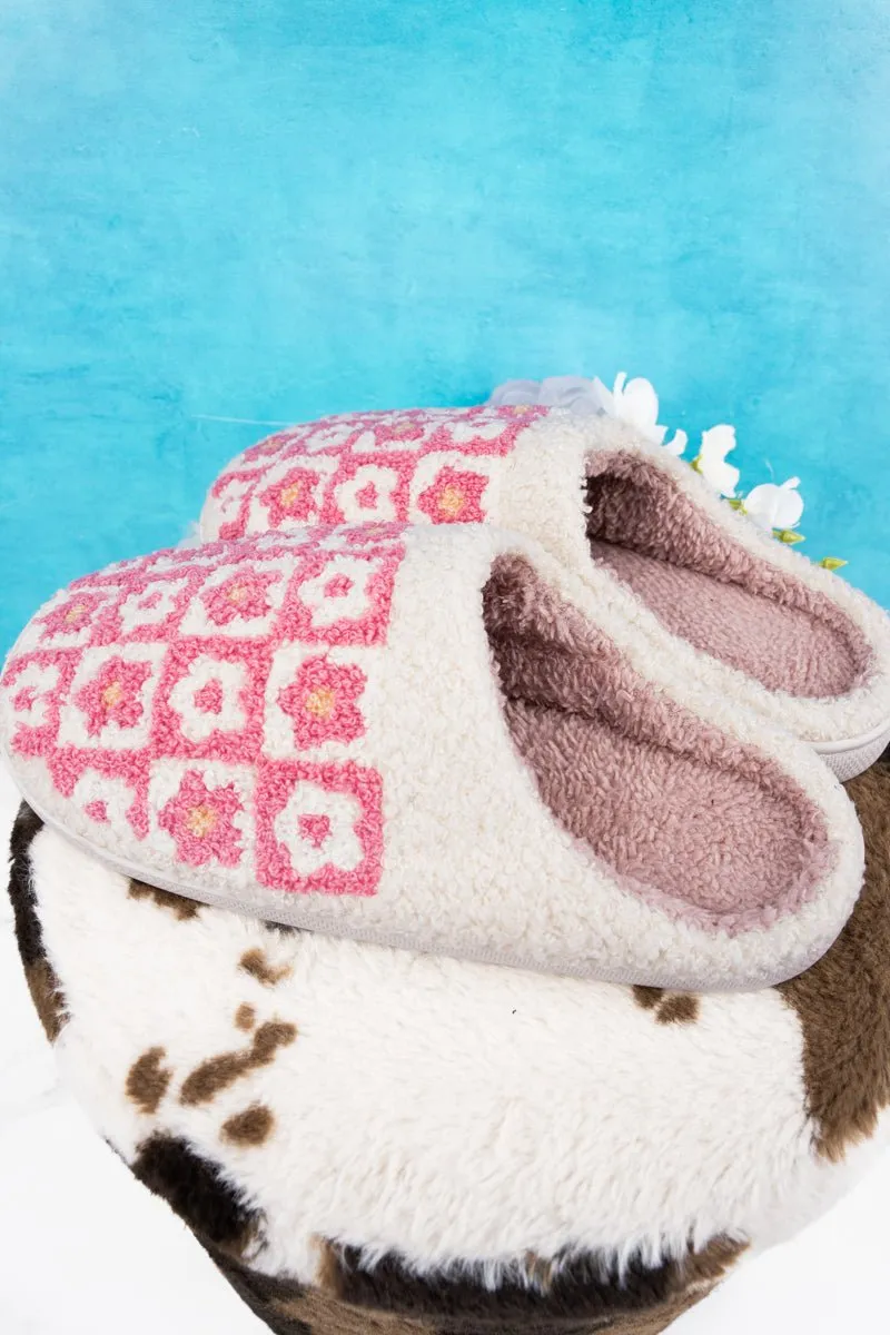20% OFF! Checked Out Pink Flower Plush Slippers