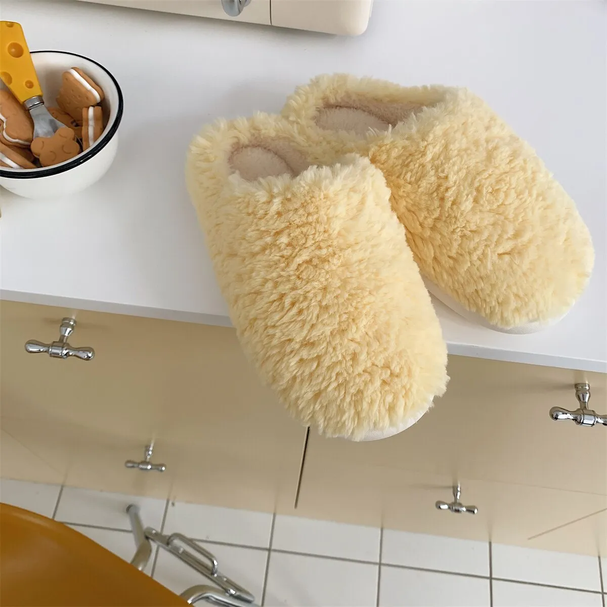Advbridge Japanese Simple Solid Color House Slippers For Women Girls Cute Fluffy Winter Warm Home Slippers Woman Fur Shoes