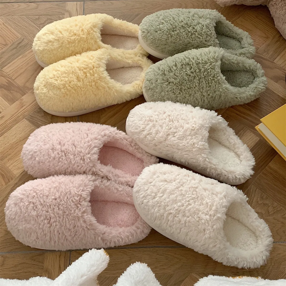 Advbridge Japanese Simple Solid Color House Slippers For Women Girls Cute Fluffy Winter Warm Home Slippers Woman Fur Shoes
