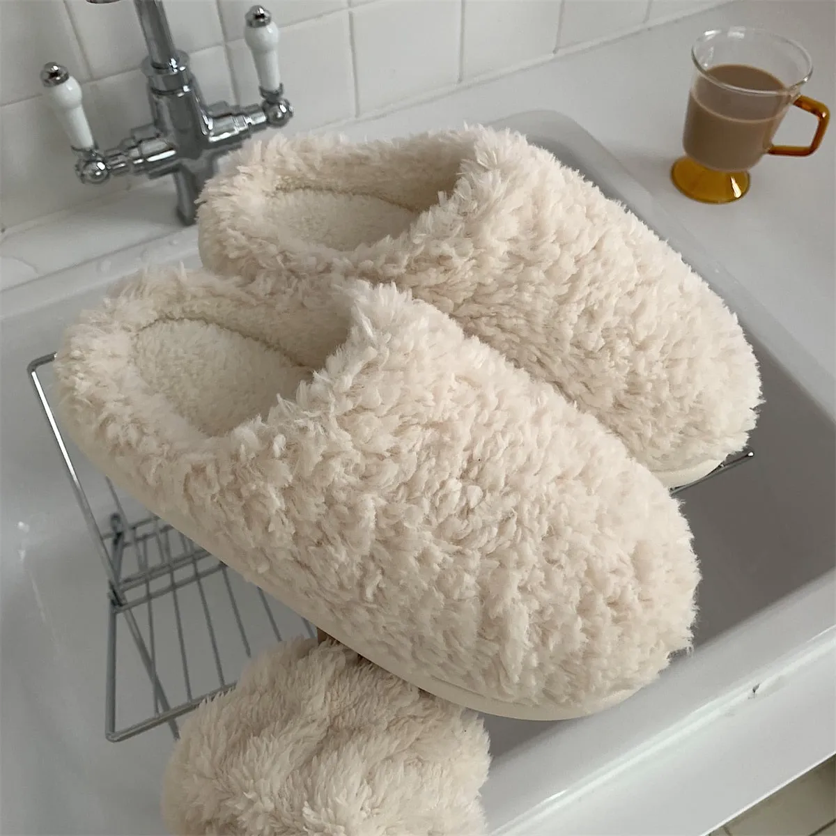 Advbridge Japanese Simple Solid Color House Slippers For Women Girls Cute Fluffy Winter Warm Home Slippers Woman Fur Shoes