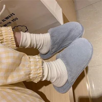 Advbridge Japanese Simple Solid Color House Slippers For Women Girls Cute Fluffy Winter Warm Home Slippers Woman Fur Shoes