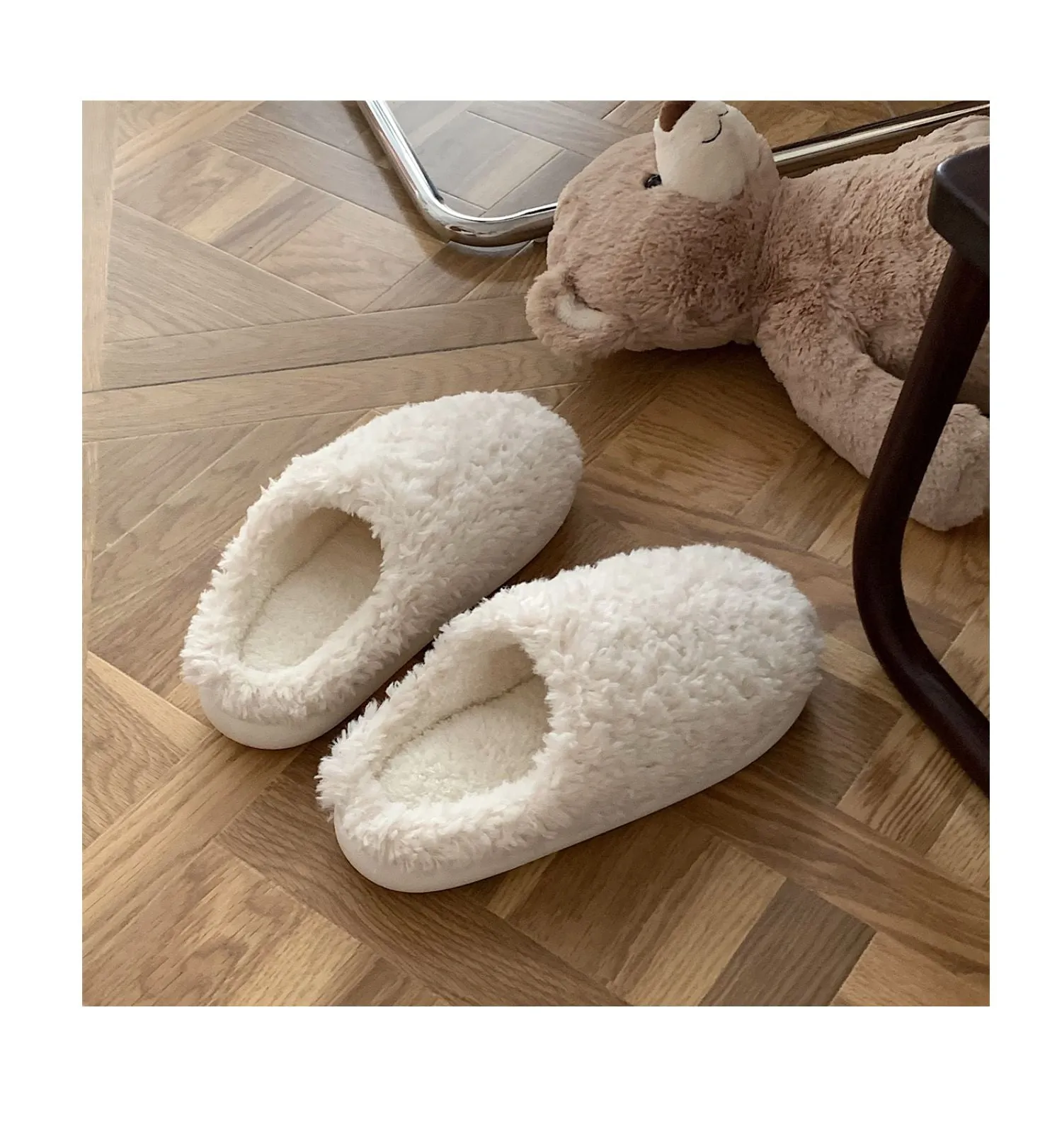 Advbridge Japanese Simple Solid Color House Slippers For Women Girls Cute Fluffy Winter Warm Home Slippers Woman Fur Shoes