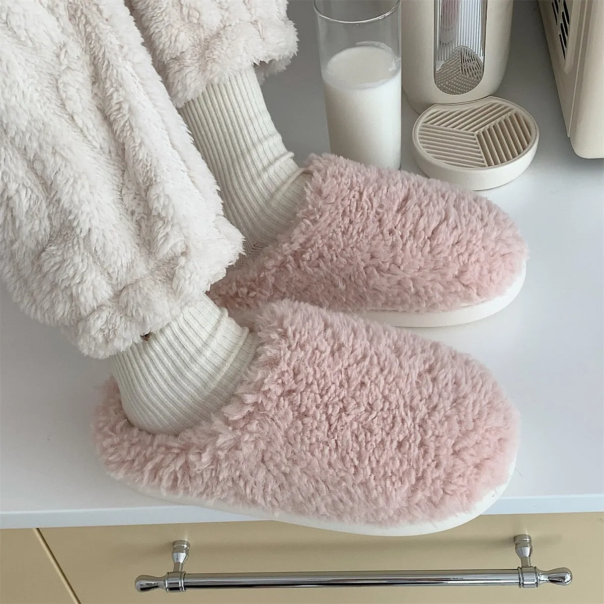 Advbridge Japanese Simple Solid Color House Slippers For Women Girls Cute Fluffy Winter Warm Home Slippers Woman Fur Shoes