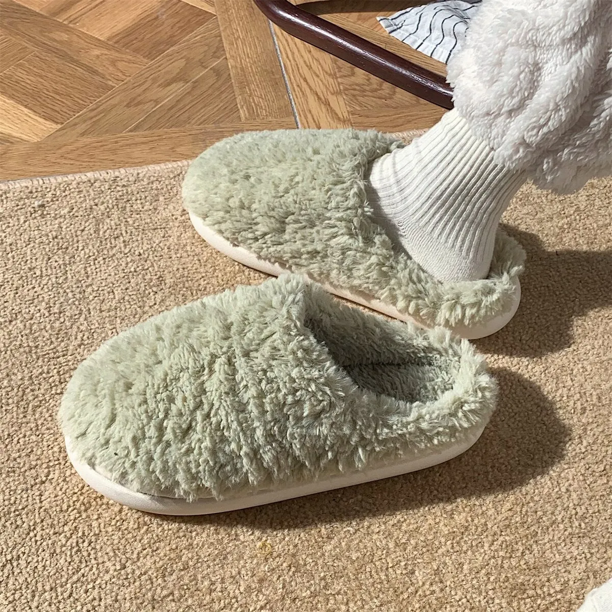 Advbridge Japanese Simple Solid Color House Slippers For Women Girls Cute Fluffy Winter Warm Home Slippers Woman Fur Shoes