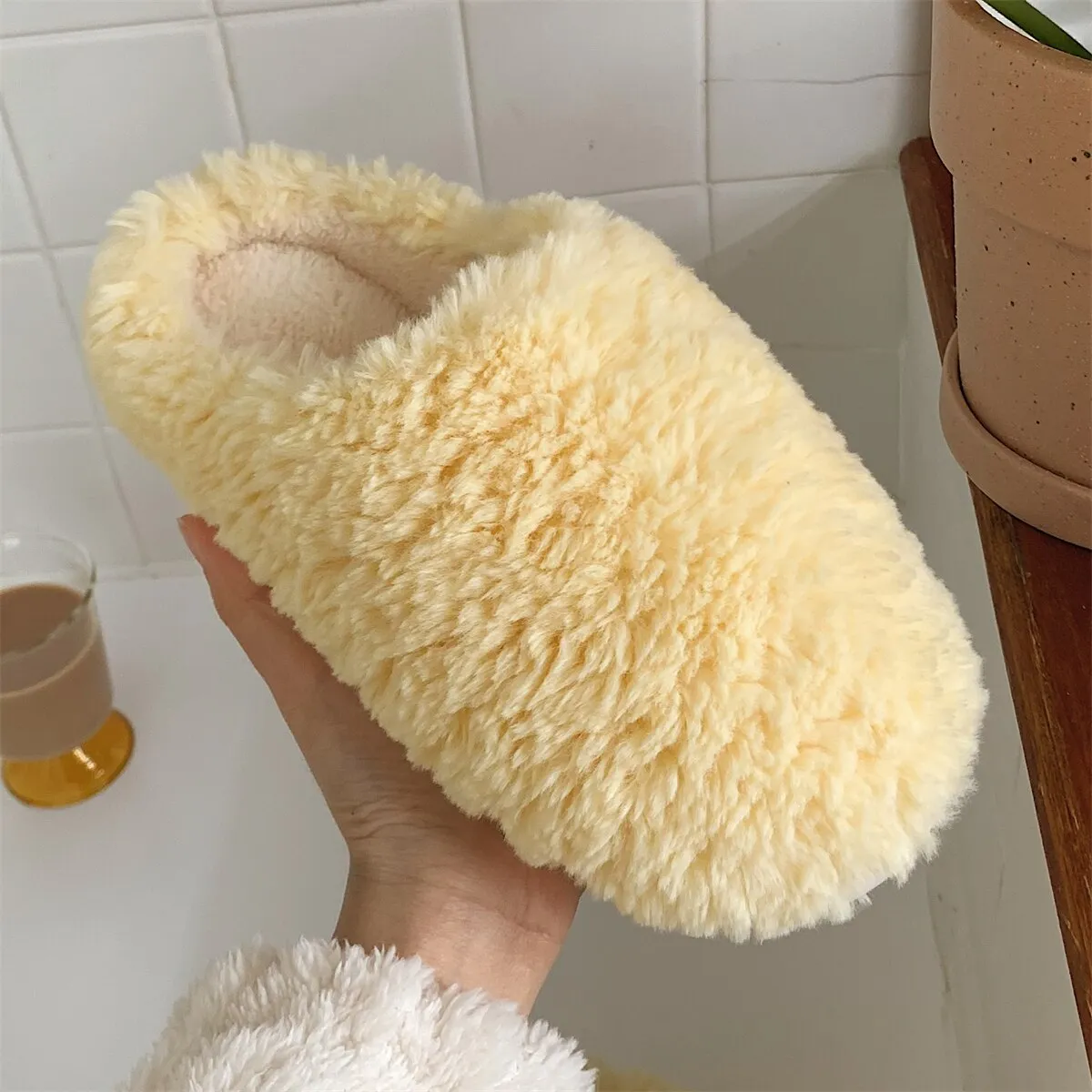 Advbridge Japanese Simple Solid Color House Slippers For Women Girls Cute Fluffy Winter Warm Home Slippers Woman Fur Shoes