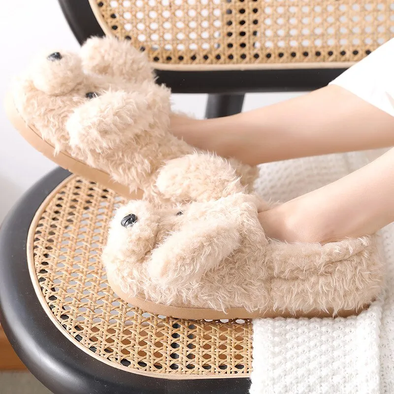 Advbridge Winter Home Slippers Warm Shoes Fashion Women Men Non-Slip Dog Cute Fur Soft Sole Indoor Bedroom House Couple Female Slides