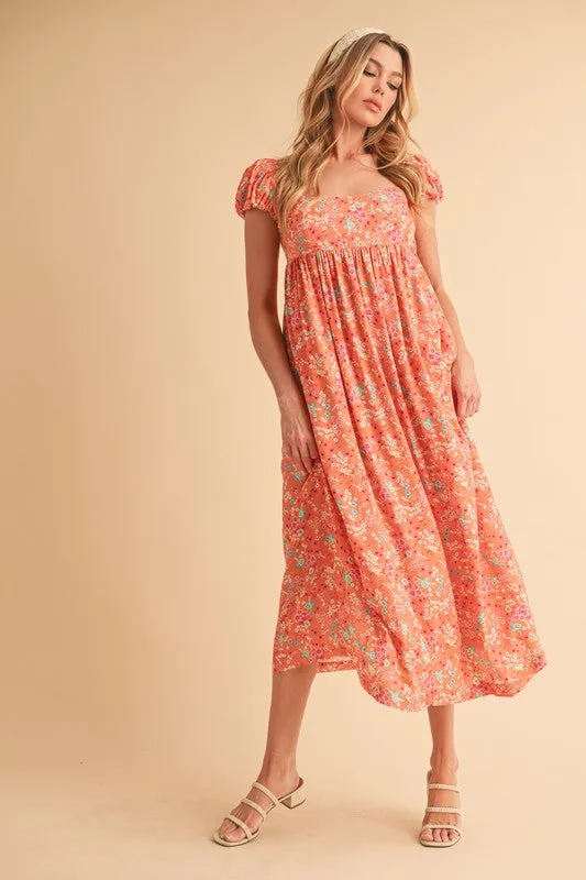 Aemi   Co Cutout Back Floral Square Neck Puff Sleeve Midi Dress