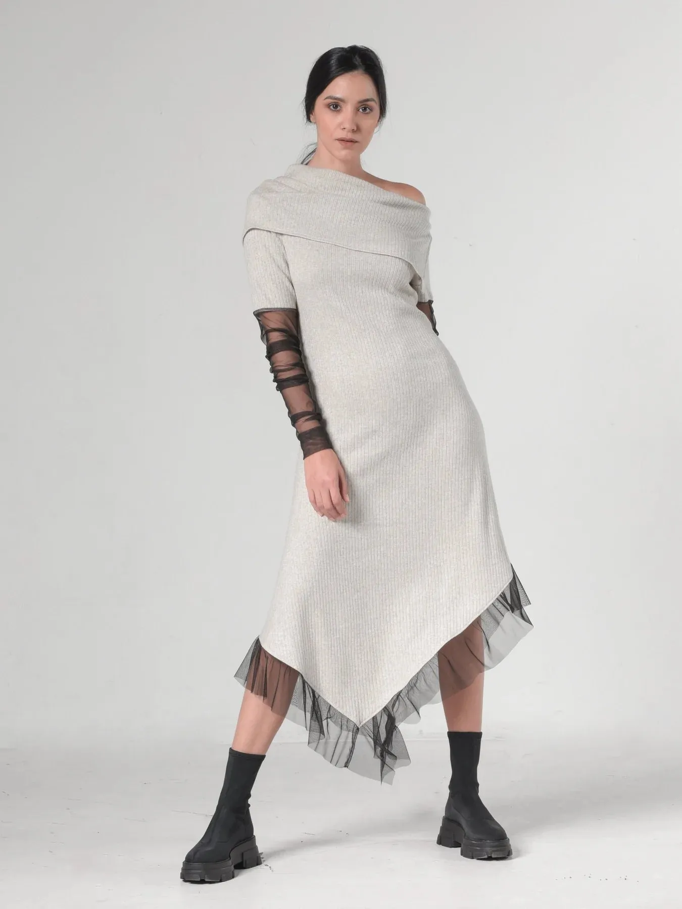 Asymmetric Beige Tunic Dress by Metamorphoza