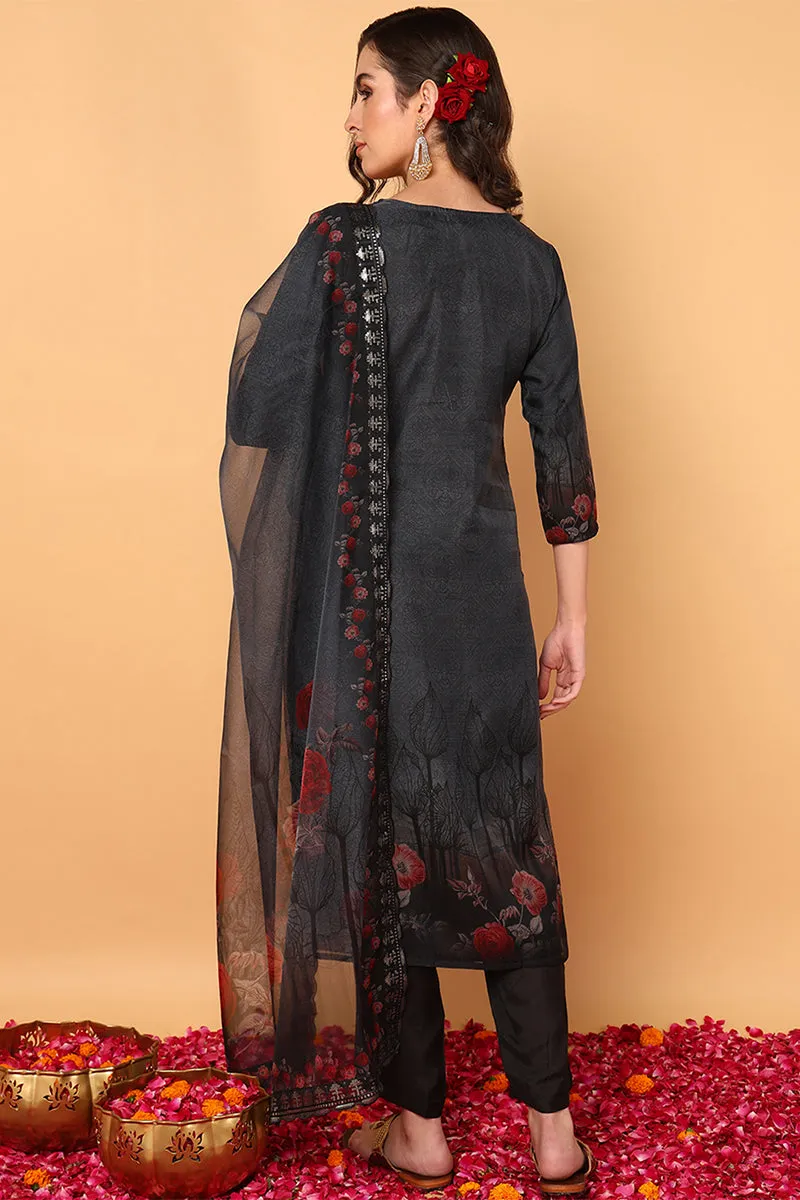 Black Organza Floral Embroidered Straight 3-Piece Kurta Set