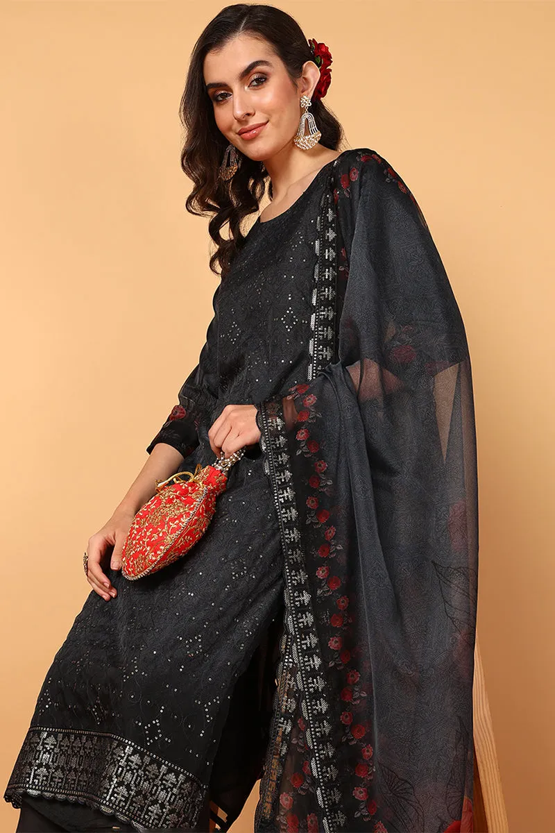 Black Organza Floral Embroidered Straight 3-Piece Kurta Set