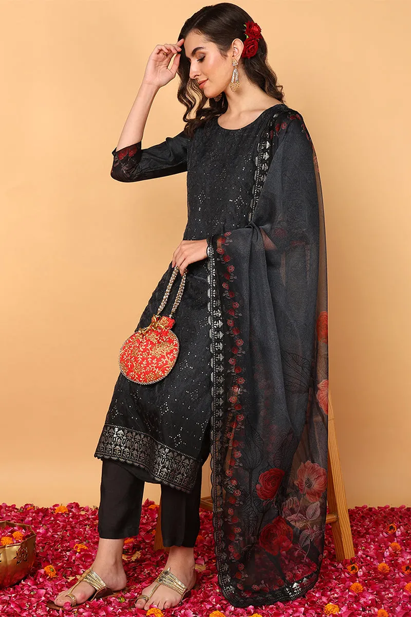 Black Organza Floral Embroidered Straight 3-Piece Kurta Set