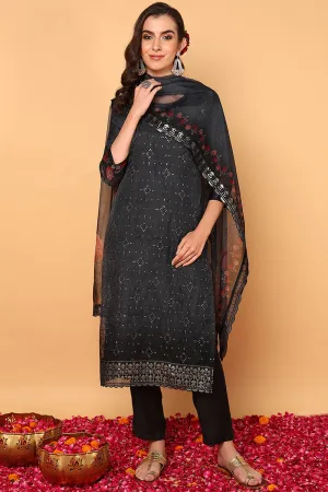 Black Organza Floral Embroidered Straight 3-Piece Kurta Set