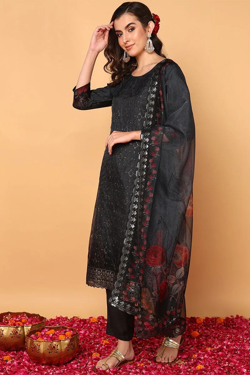 Black Organza Floral Embroidered Straight 3-Piece Kurta Set
