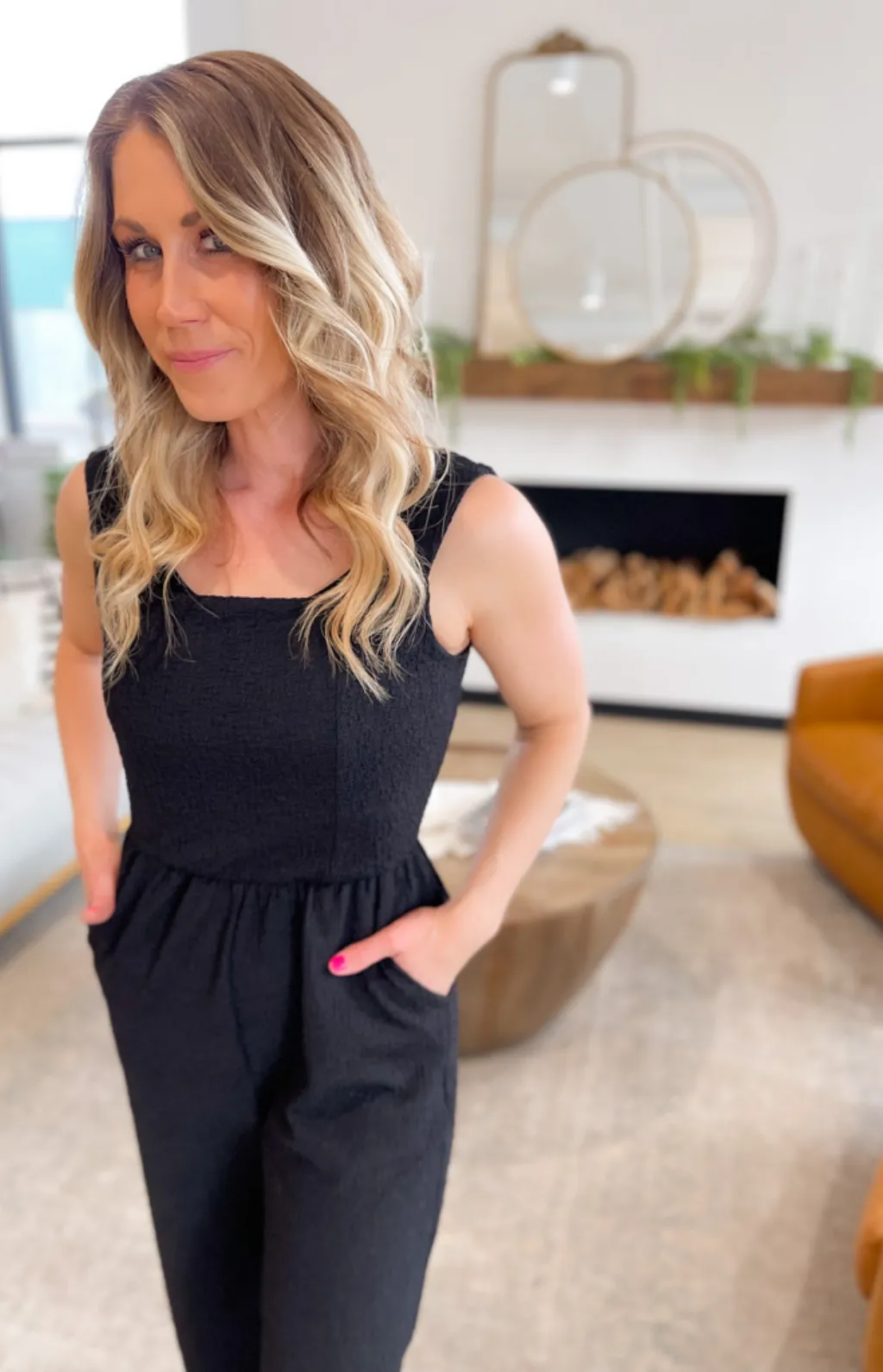 Black Textured Square Neck Jumpsuit