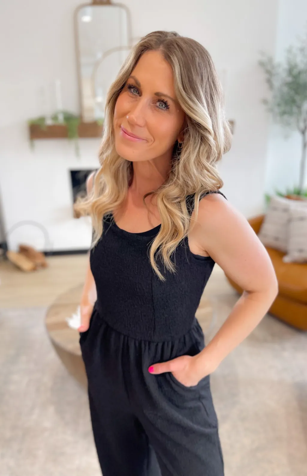 Black Textured Square Neck Jumpsuit