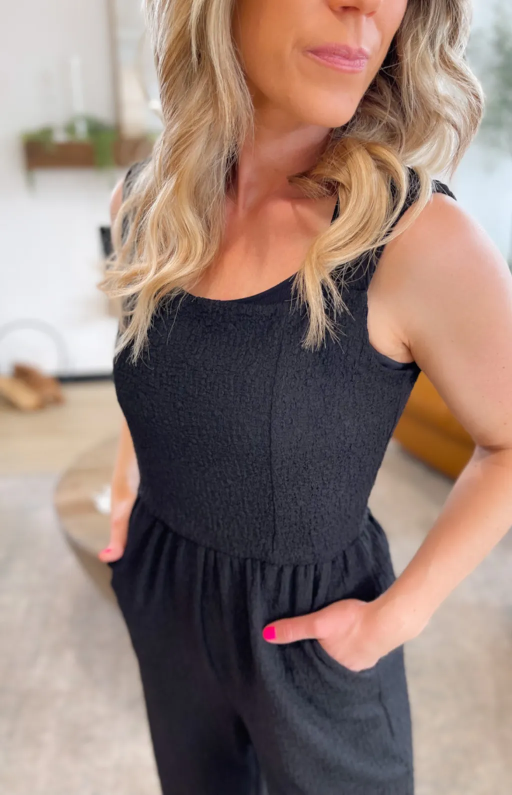 Black Textured Square Neck Jumpsuit