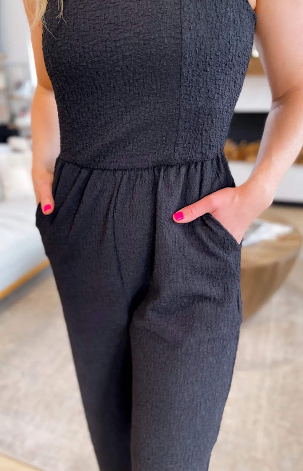 Black Textured Square Neck Jumpsuit