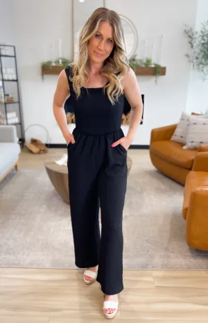 Black Textured Square Neck Jumpsuit