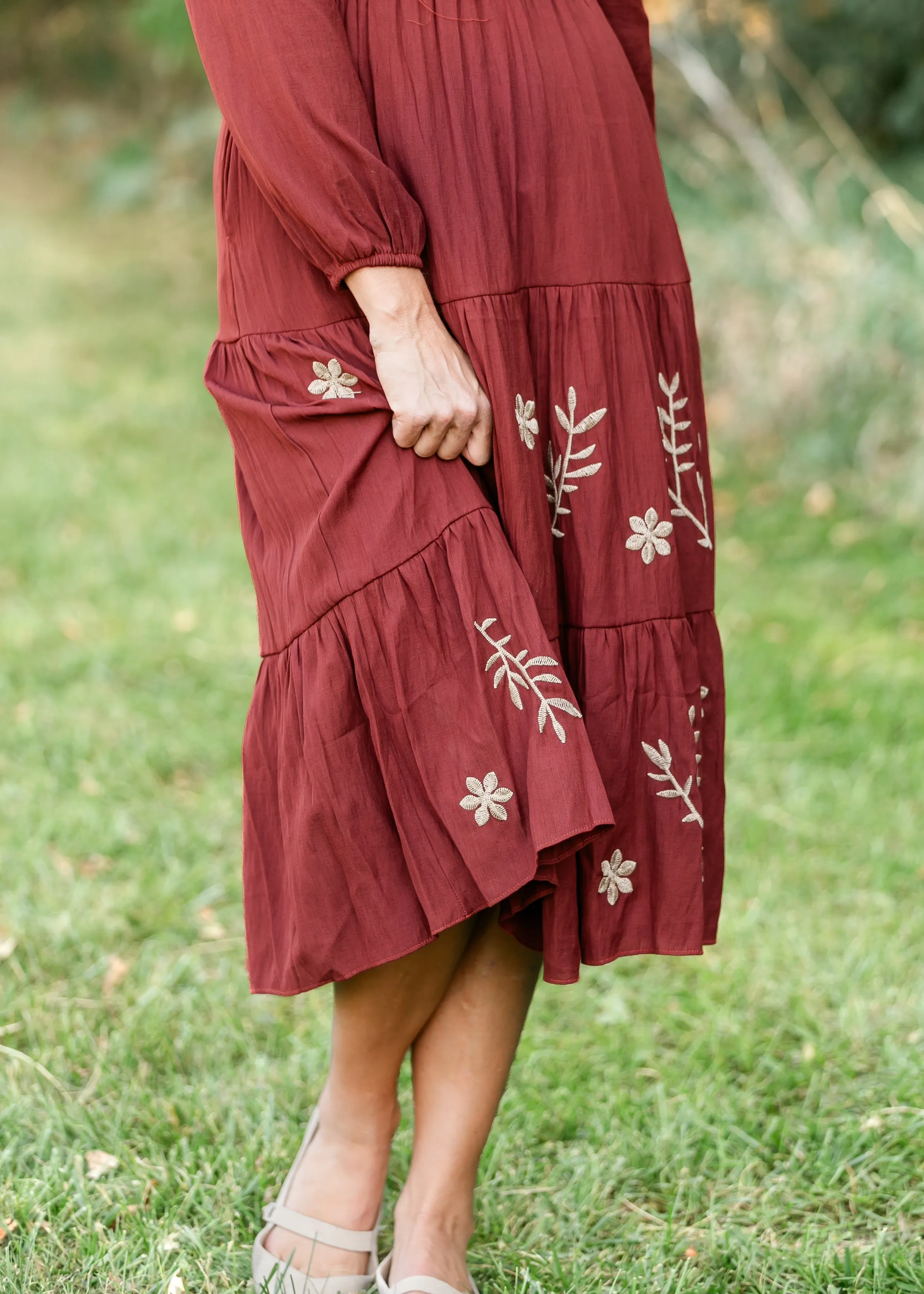 Burgundy Embroidered Long Sleeve Maxi Dress - FINAL SALE