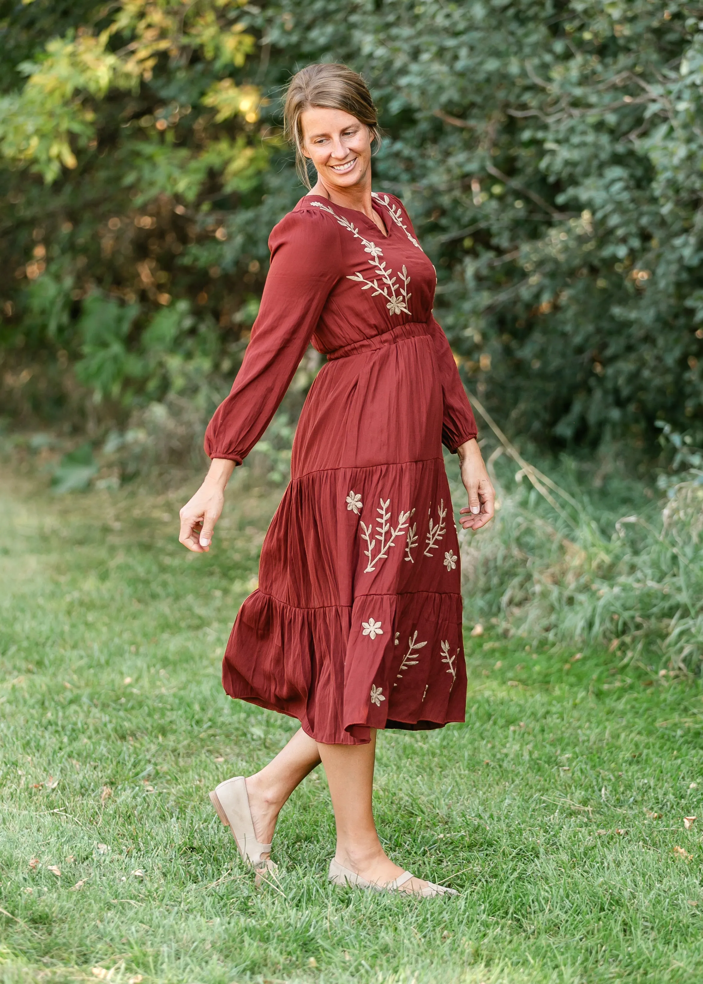 Burgundy Embroidered Long Sleeve Maxi Dress - FINAL SALE