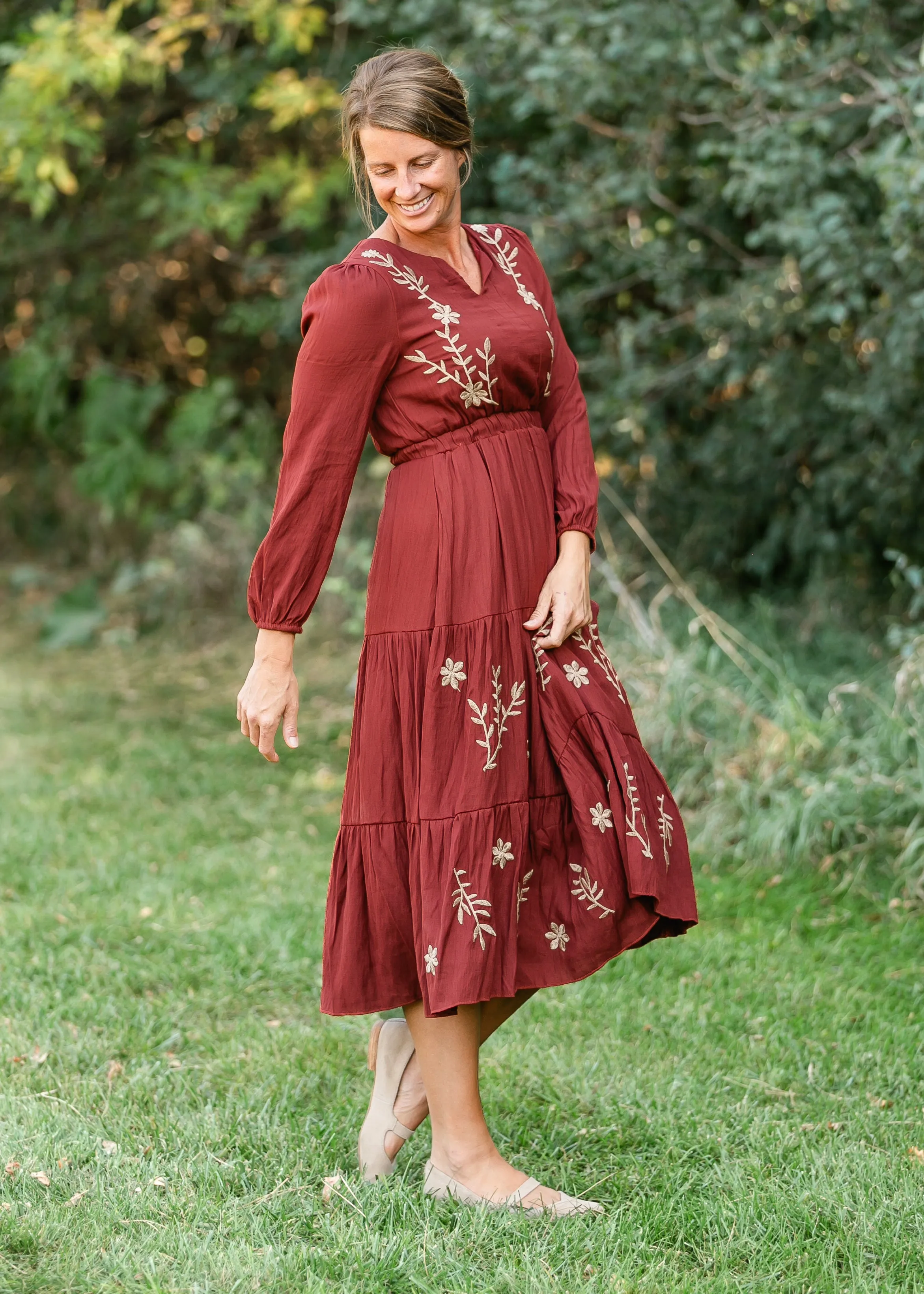 Burgundy Embroidered Long Sleeve Maxi Dress - FINAL SALE