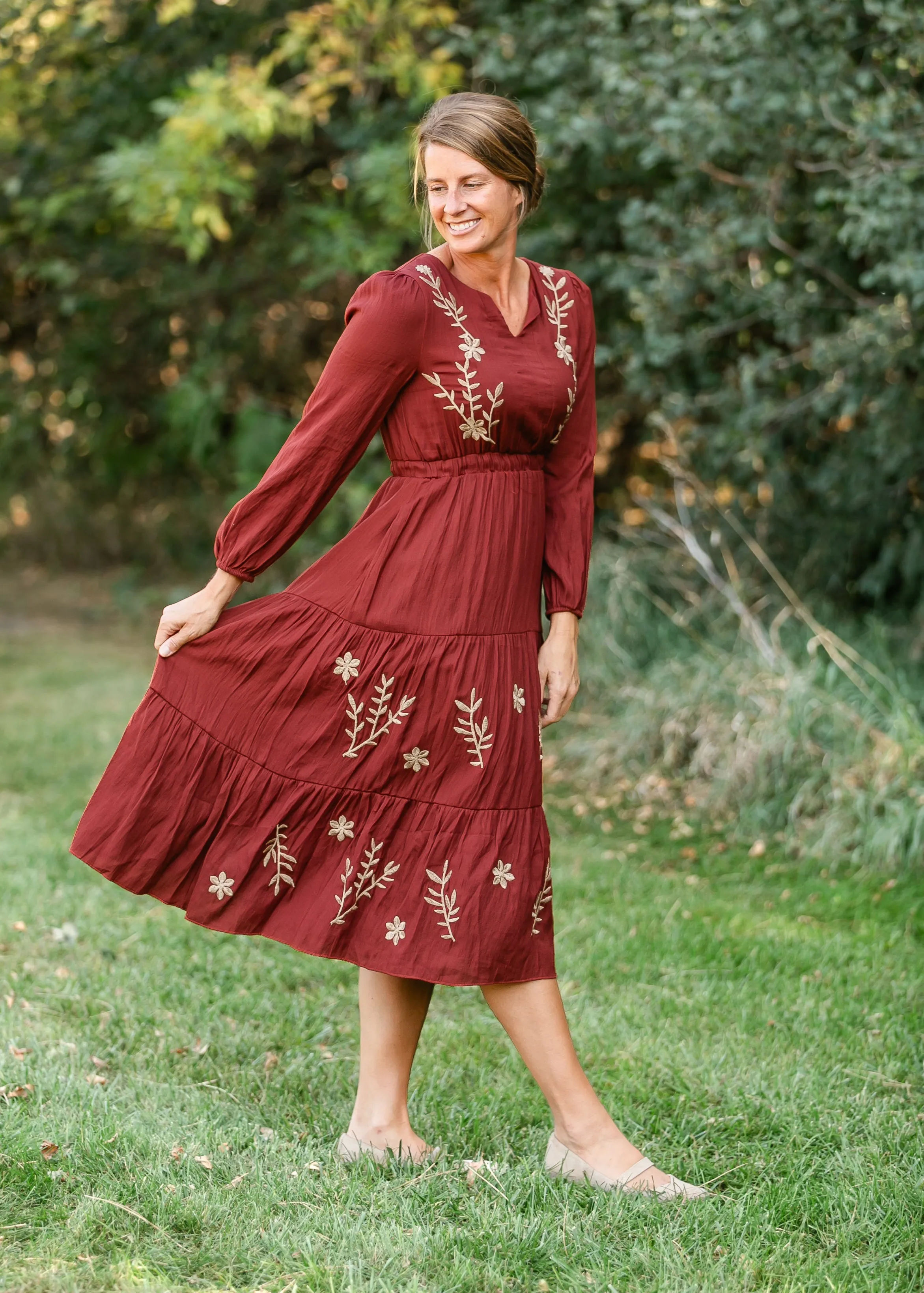 Burgundy Embroidered Long Sleeve Maxi Dress - FINAL SALE