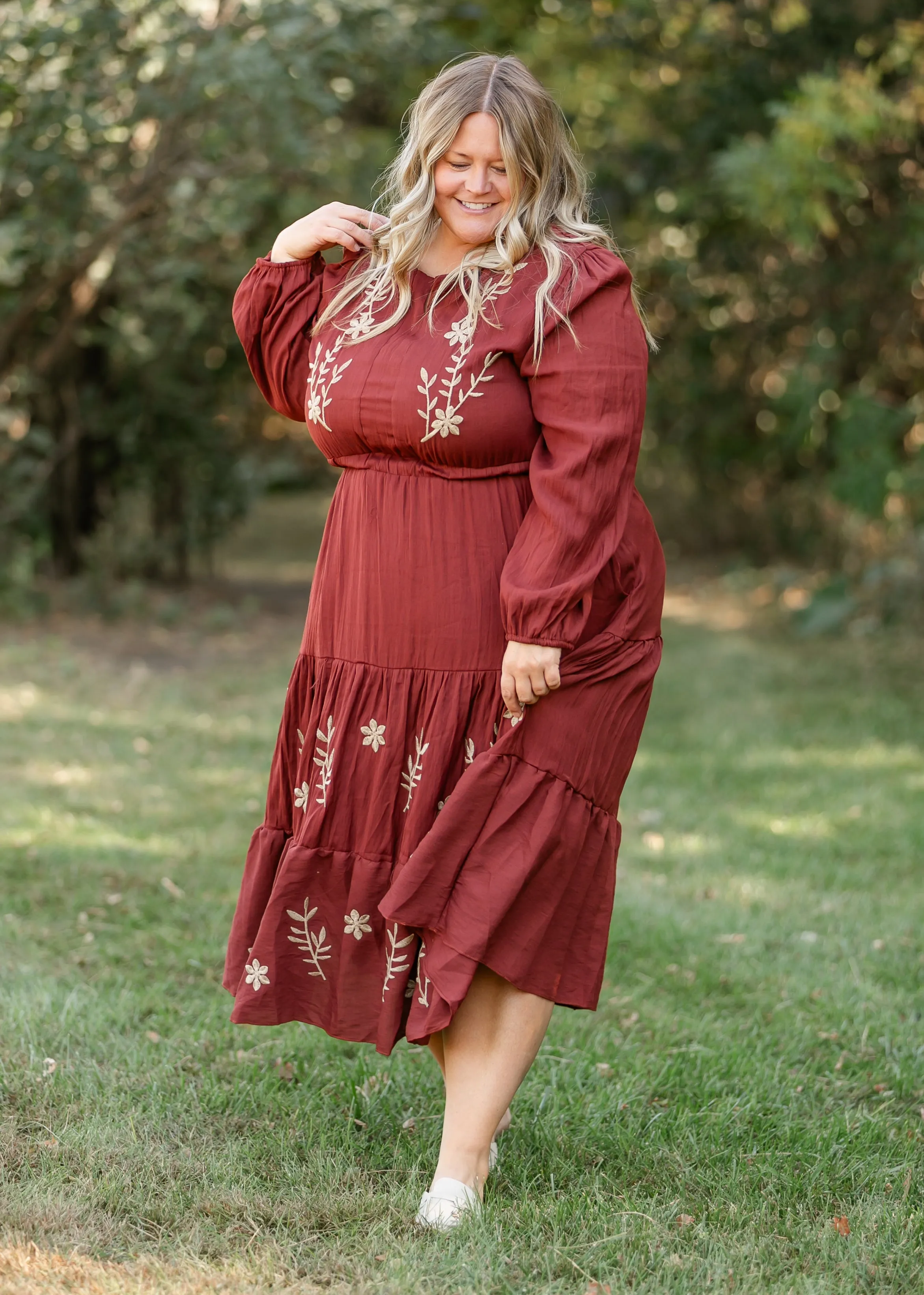 Burgundy Embroidered Long Sleeve Maxi Dress - FINAL SALE
