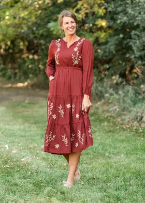 Burgundy Embroidered Long Sleeve Maxi Dress - FINAL SALE