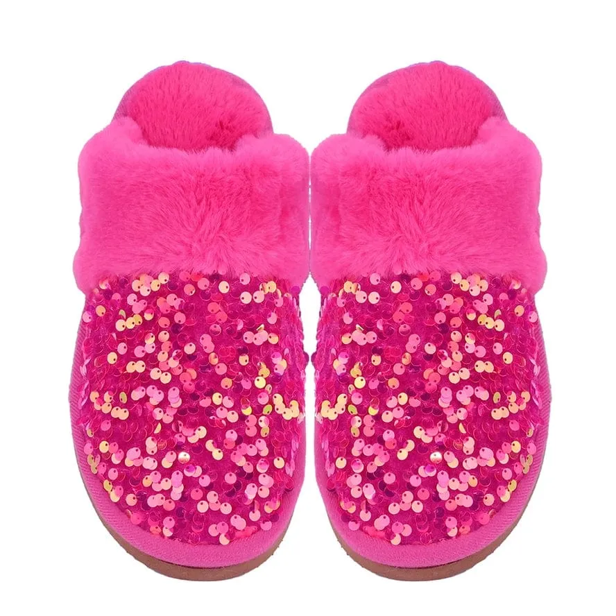 C.C Beanie Sequin Faux Fur C.C Slippers in Hot Pink
