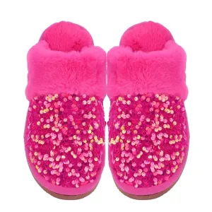 C.C Beanie Sequin Faux Fur C.C Slippers in Hot Pink