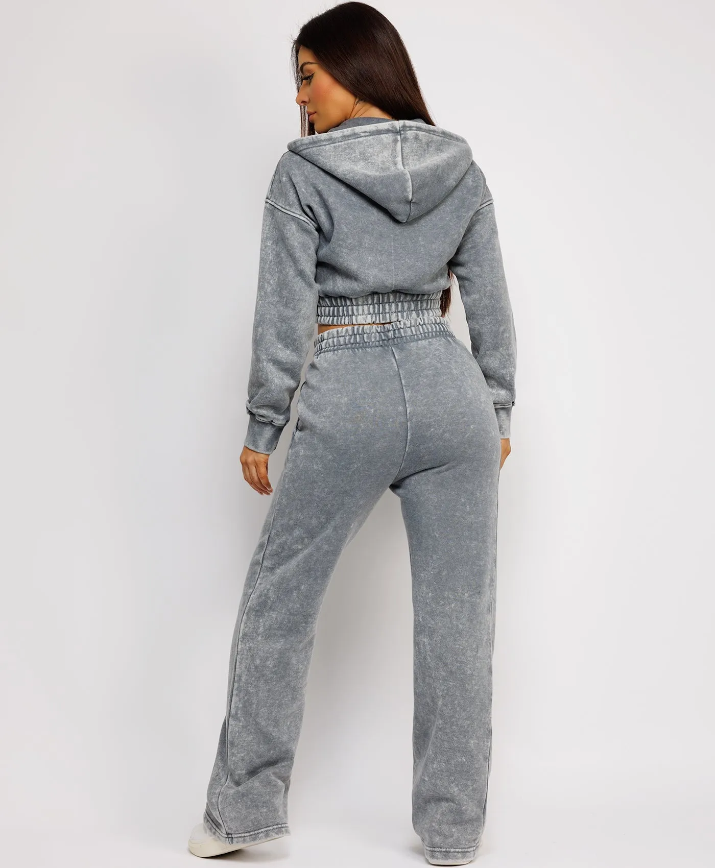 Charcoal Acid Wash Zipped Hooded & Deep Hem Flare Tracksuit