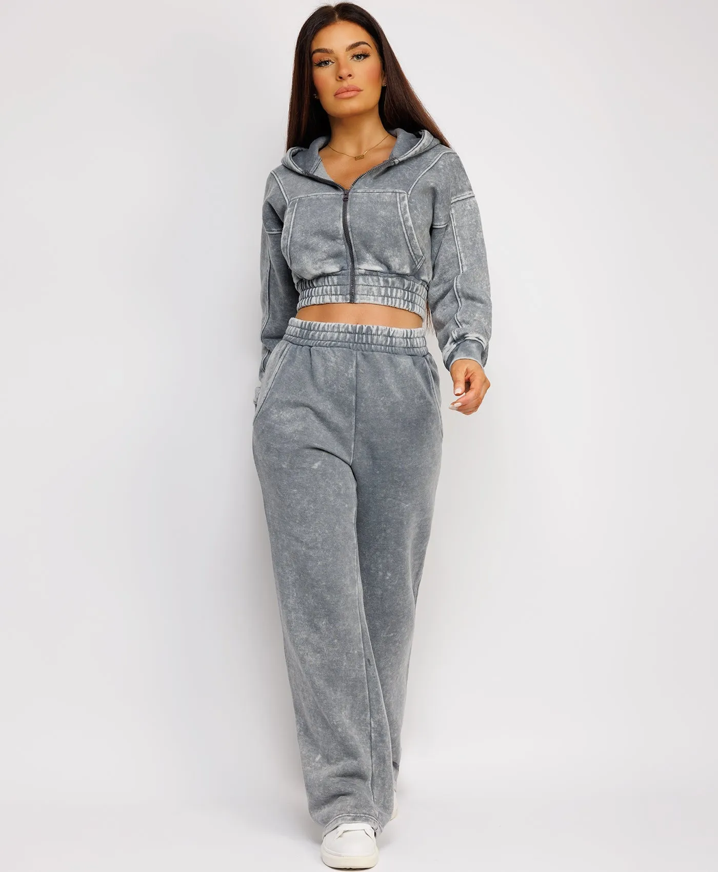 Charcoal Acid Wash Zipped Hooded & Deep Hem Flare Tracksuit