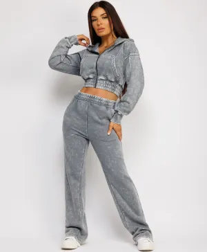 Charcoal Acid Wash Zipped Hooded & Deep Hem Flare Tracksuit