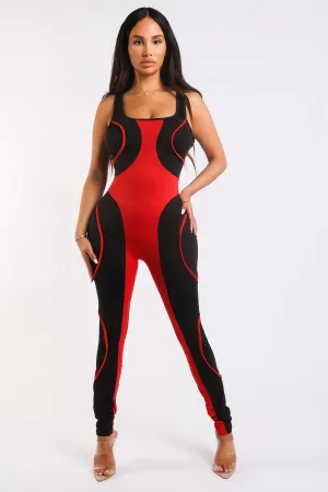 Chic Colorblock Jumpsuit with Stylish Square Neck and Elegant Accents