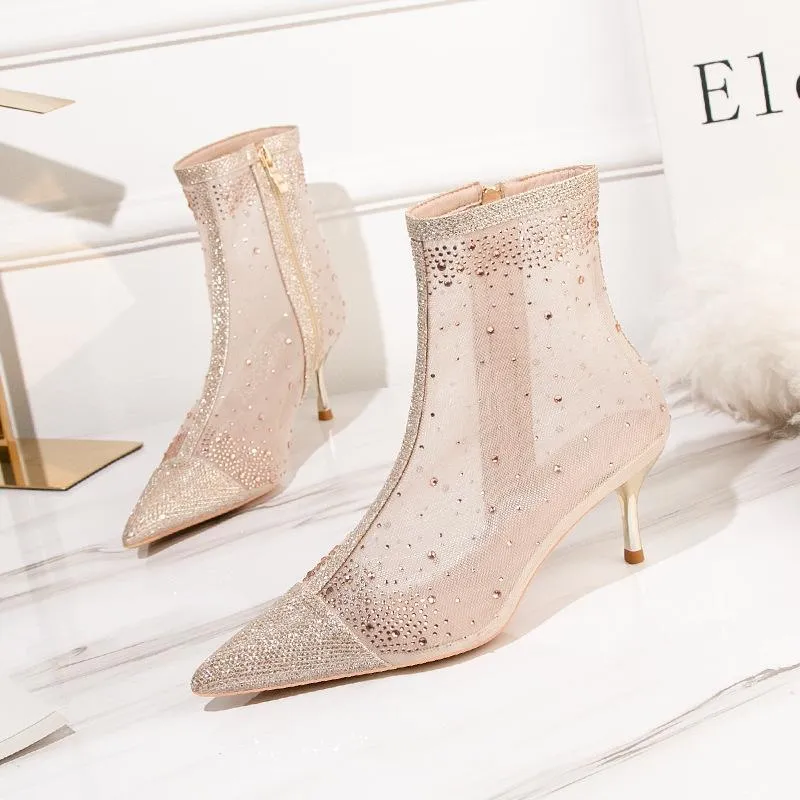 Chicvane Sheer Mesh Rhinestone Pointed Toe Kitten Heel Ankle Boots With Zipper
