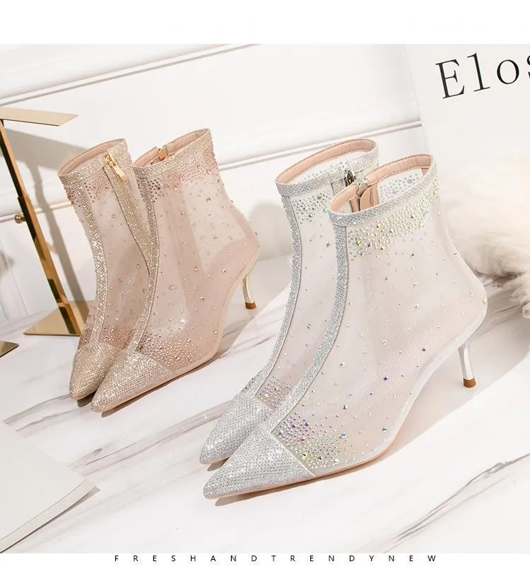 Chicvane Sheer Mesh Rhinestone Pointed Toe Kitten Heel Ankle Boots With Zipper