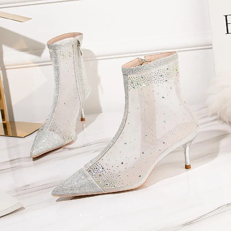 Chicvane Sheer Mesh Rhinestone Pointed Toe Kitten Heel Ankle Boots With Zipper