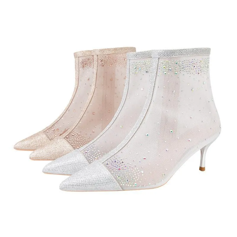 Chicvane Sheer Mesh Rhinestone Pointed Toe Kitten Heel Ankle Boots With Zipper