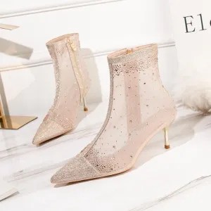 Chicvane Sheer Mesh Rhinestone Pointed Toe Kitten Heel Ankle Boots With Zipper
