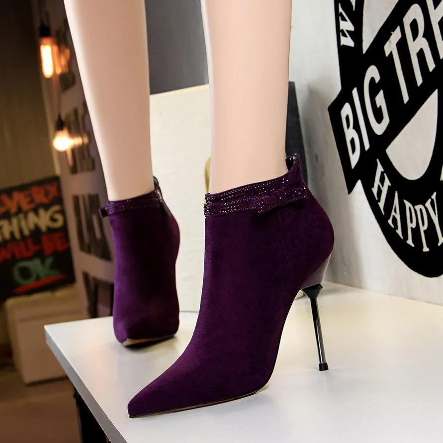 Chicvane Womens Rhinestone Suede Pointed Toe Stiletto Heel Ankle Boots