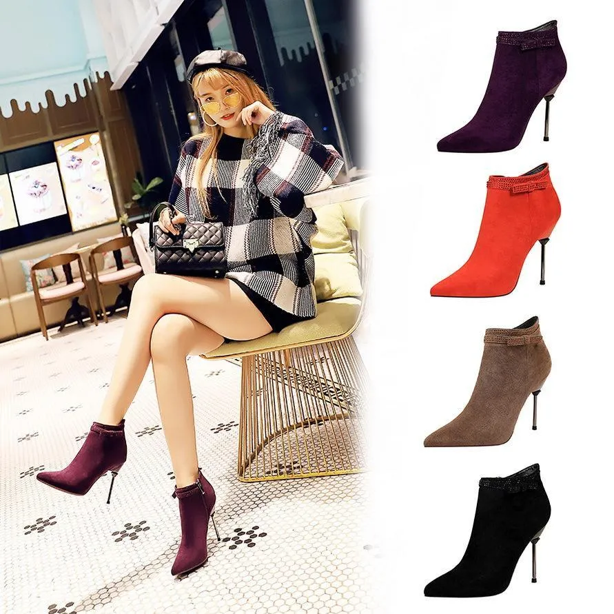 Chicvane Womens Rhinestone Suede Pointed Toe Stiletto Heel Ankle Boots