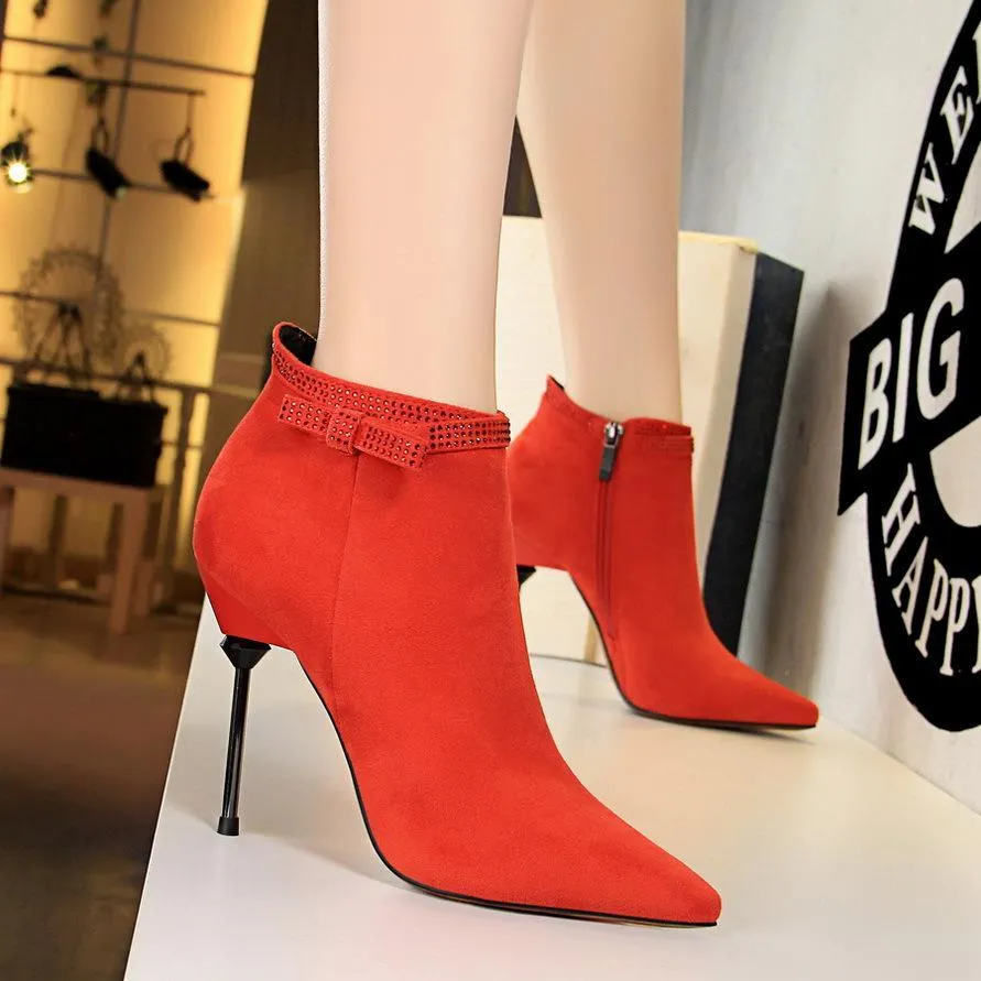 Chicvane Womens Rhinestone Suede Pointed Toe Stiletto Heel Ankle Boots