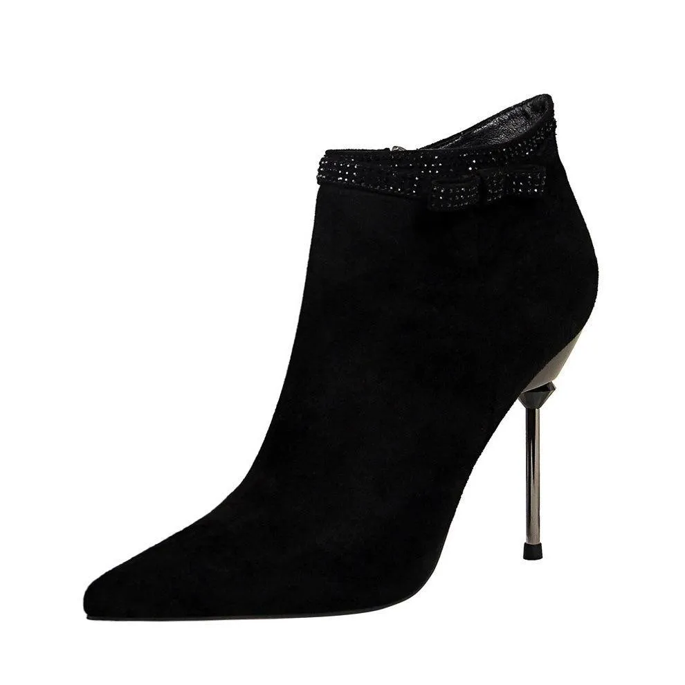Chicvane Womens Rhinestone Suede Pointed Toe Stiletto Heel Ankle Boots