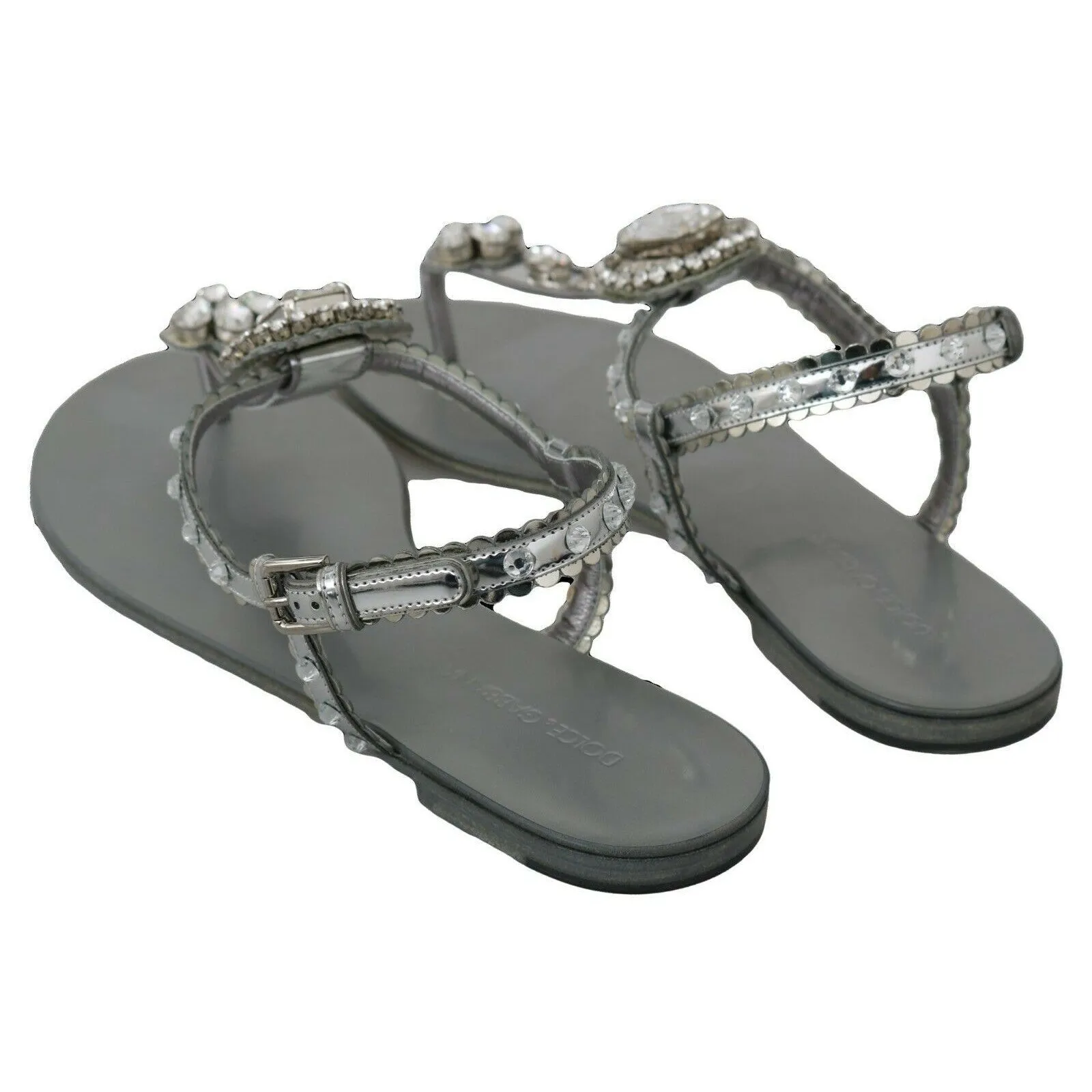 Dolce & Gabbana Elegant Silver Flats with Crystal Embellishments