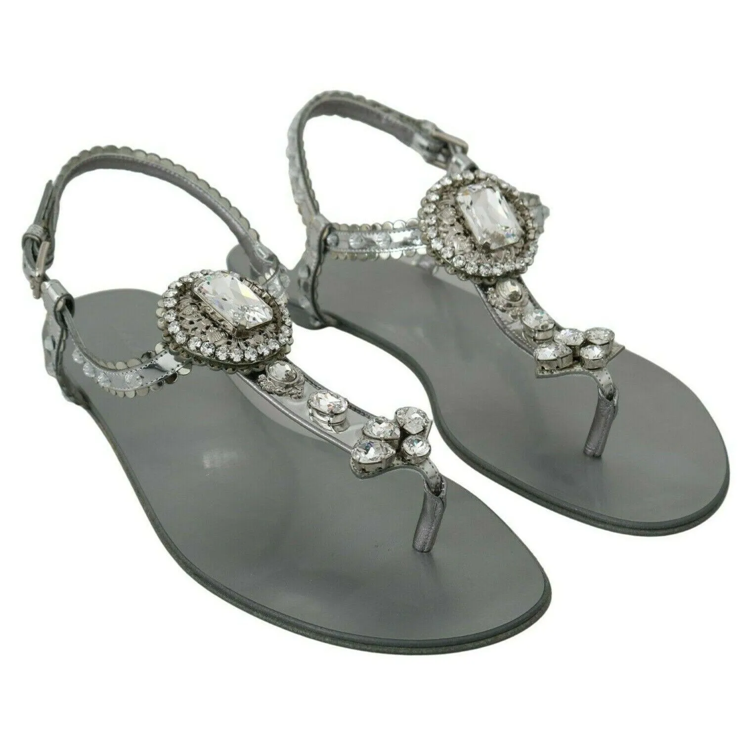 Dolce & Gabbana Elegant Silver Flats with Crystal Embellishments