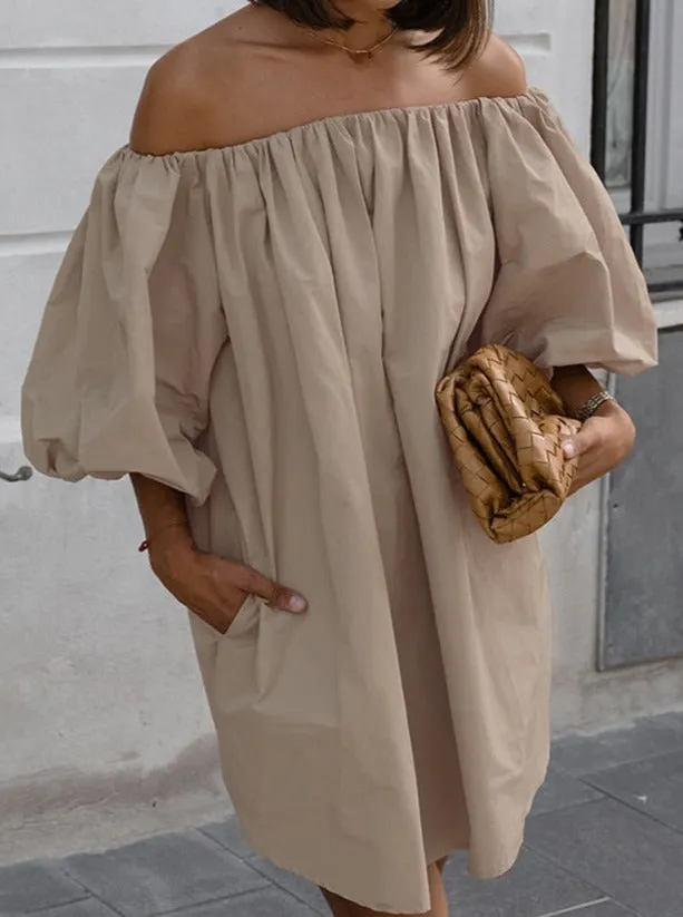 Elegant Khaki Off-Shoulder Balloon Sleeved Dress