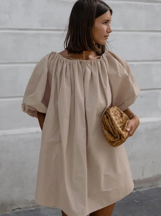 Elegant Khaki Off-Shoulder Balloon Sleeved Dress